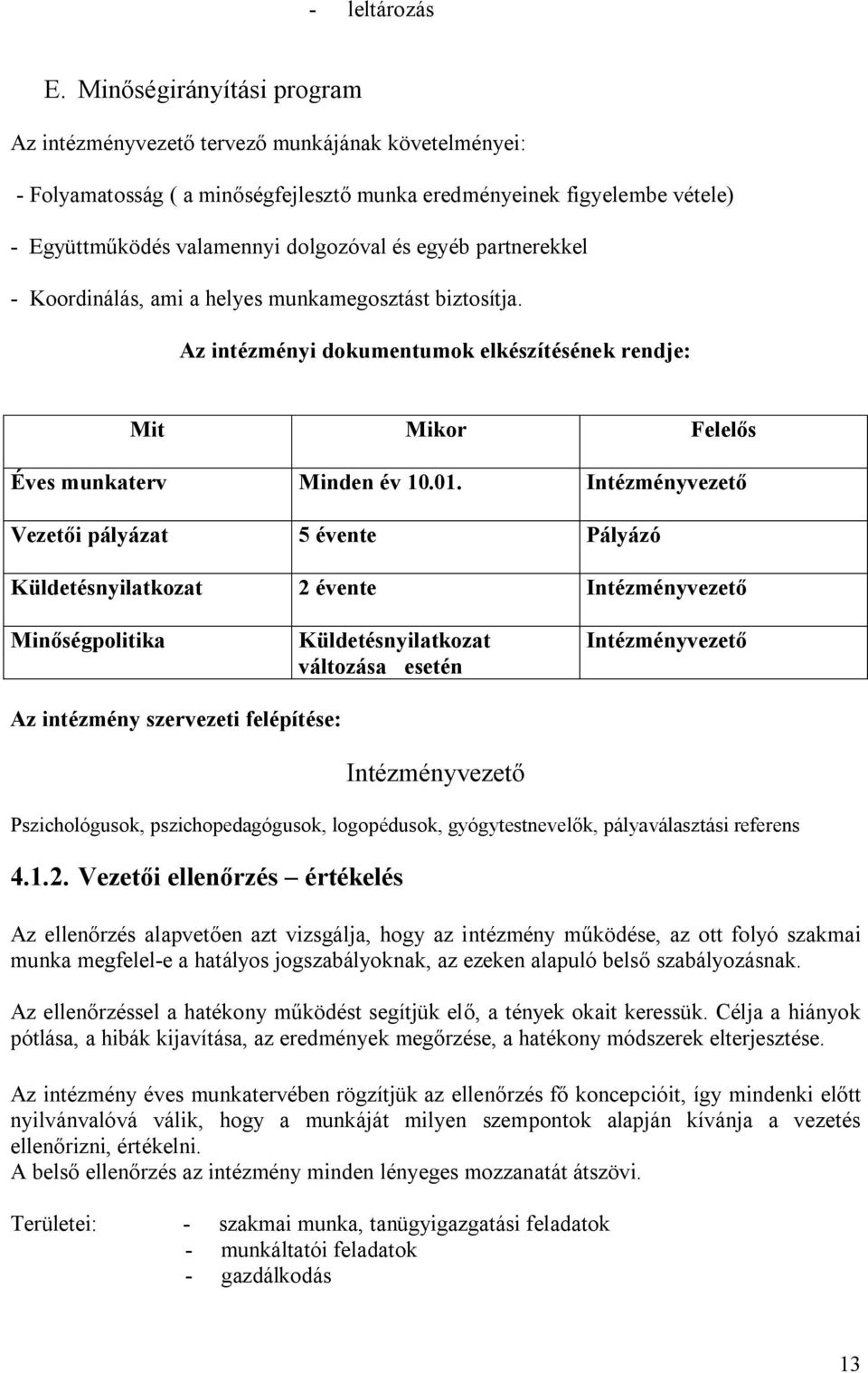 egyéb partnerekkel - Koordinálás, ami a helyes munkamegosztást biztosítja. Az intézményi dokumentumok elkészítésének rendje: Mit Mikor Felelős Éves munkaterv Minden év 10.01.