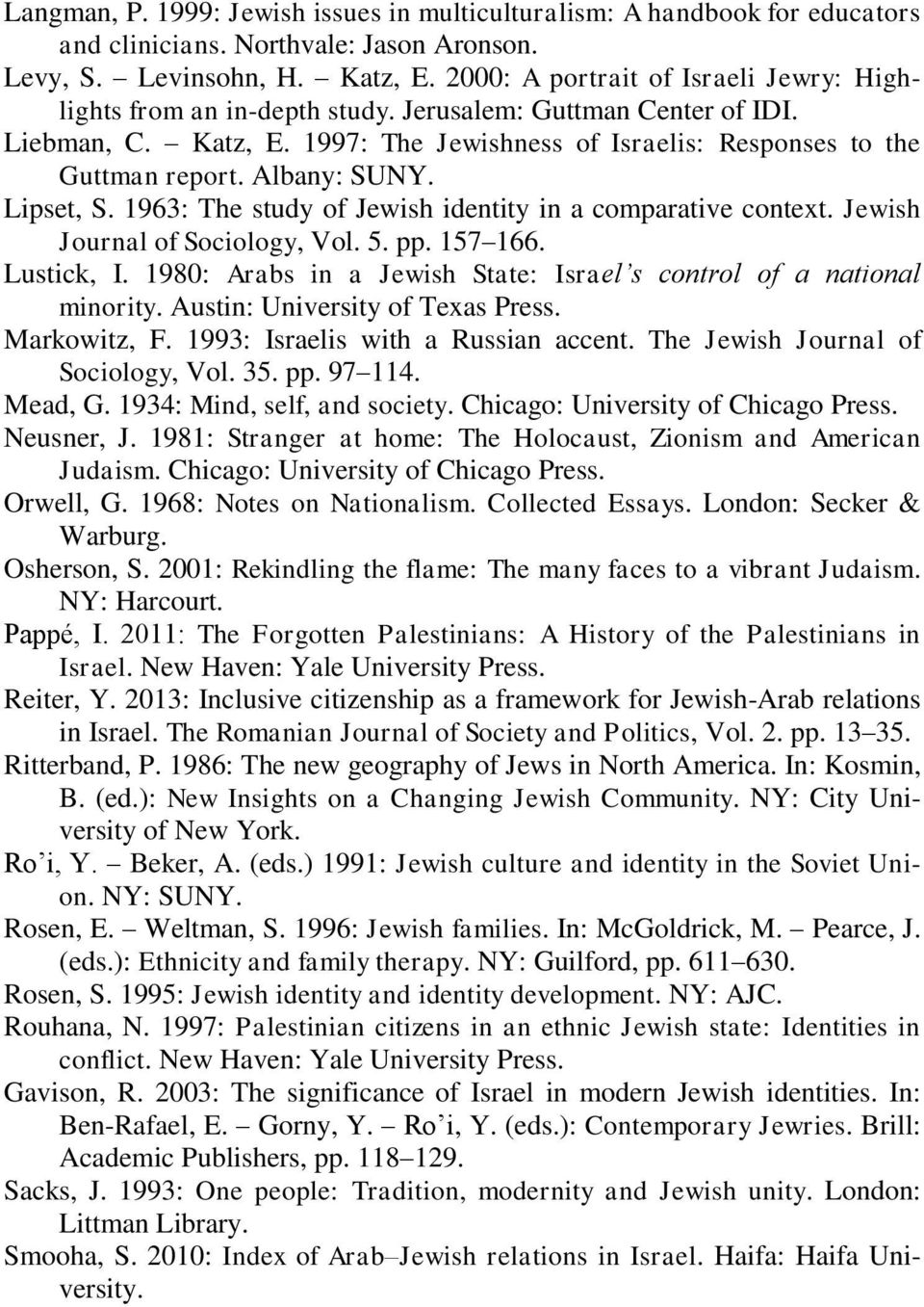 Albany: SUNY. Lipset, S. 1963: The study of Jewish identity in a comparative context. Jewish Journal of Sociology, Vol. 5. pp. 157 166. Lustick, I.