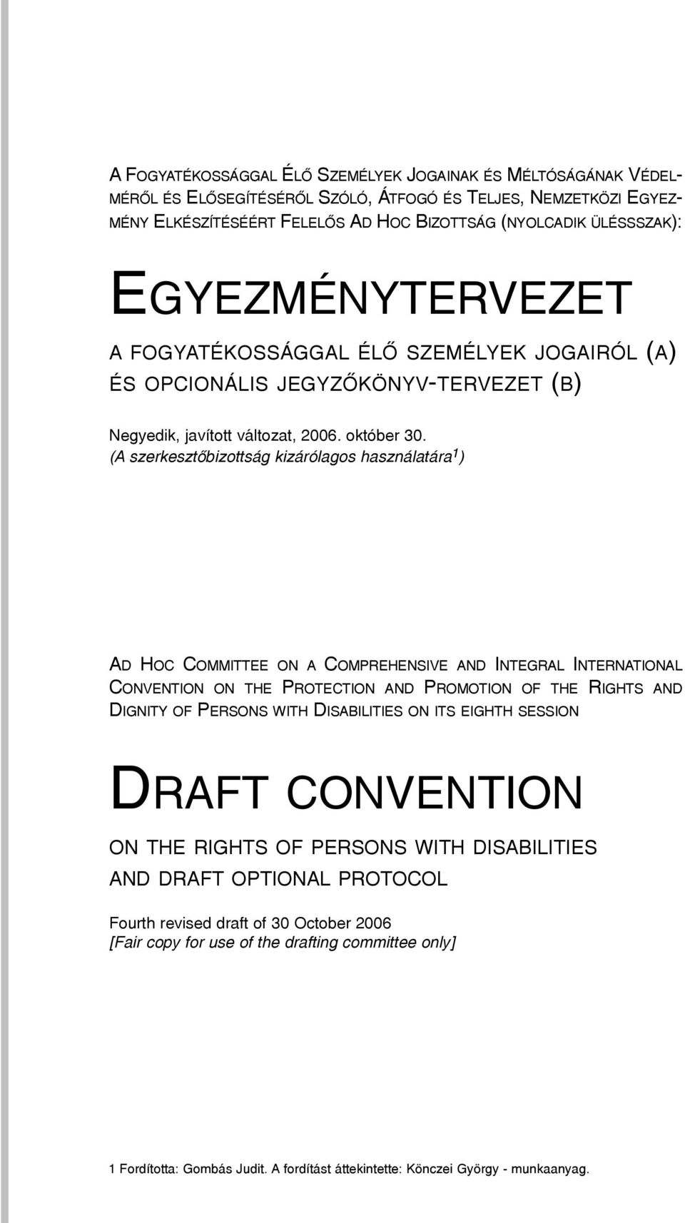 (A szerkesztõbizottság kizárólagos használatára 1 ) AD HOC COMMITTEE ON A COMPREHENSIVE AND INTEGRAL INTERNATIONAL CONVENTION ON THE PROTECTION AND PROMOTION OF THE RIGHTS AND DIGNITY OF PERSONS WITH