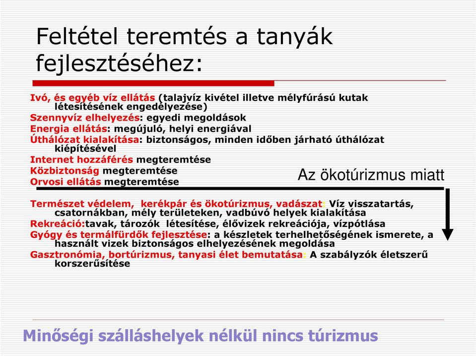 ökotúrizmus miatt Természet védelem, kerékpár és ökotúrizmus, vadászat: Víz visszatartás, csatornákban, mély területeken, vadbúvó helyek kialakítása Rekreáció:tavak, tározók létesítése, élővizek