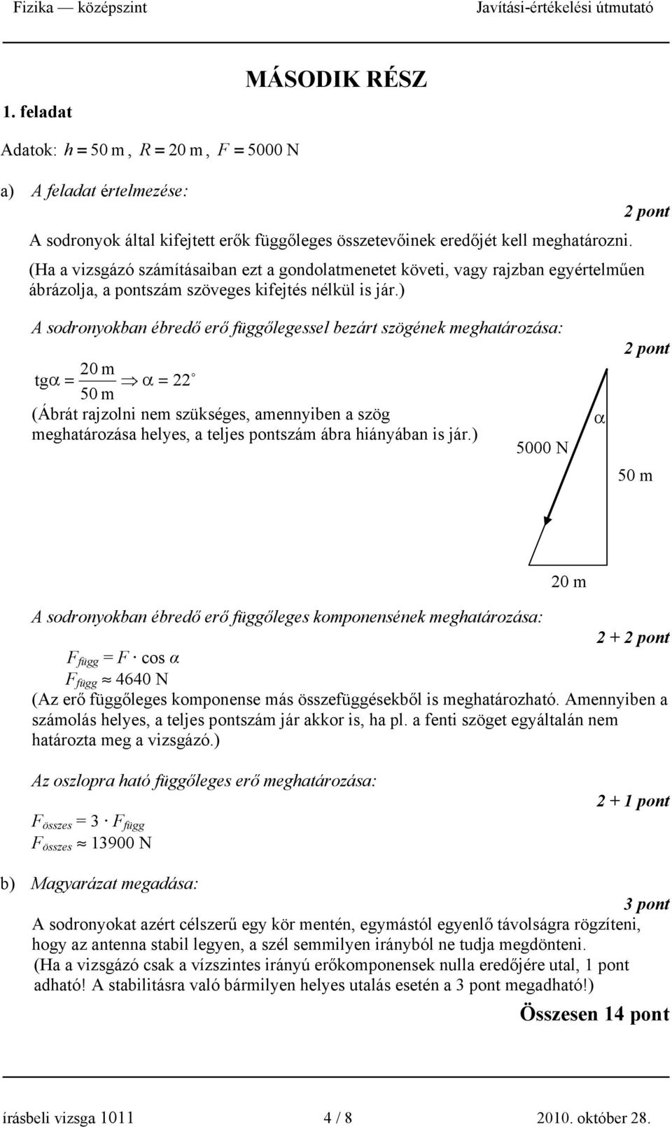 ) A sodronyokban ébredő erő függőlegessel bezárt szögének meghatározása: 0 m tg α = α = 50 m o (Ábrát rajzolni nem szükséges, amennyiben a szög meghatározása helyes, a teljes pontszám ábra hiányában