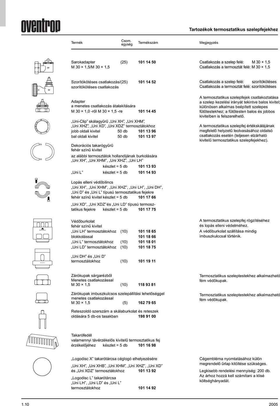 csatlakozás Adapter a menetes csatlakozás átalakítására M 30,0 ről M 30, re 0 4 4 4,3 999 UniClip skálagyűrű Uni H, Uni HM, Uni HZ, Uni D, Uni DZ termosztátokhoz jobb oldali kivitel 0 db 0 3 96 2,80