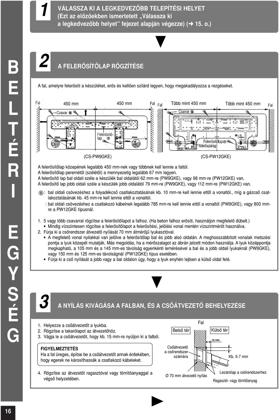 450 mm 450 mm Több mint 450 mm Több mint 450 mm (CS-PW9KE) (CS-PW12KE) A felerôsítôlap közepének legalább 450 mm-nek vagy többnek kell lennie a faltól.