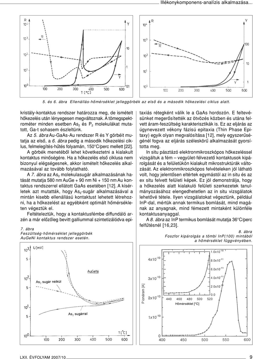 A tömegspektrométer minden esetben As 2 és P 2 molekulákat mutatott, Ga-t sohasem észleltünk. Az 5. ábra Au-GaAs-Au rendszer R és Y görbéit mutatja az elsô, a 6.