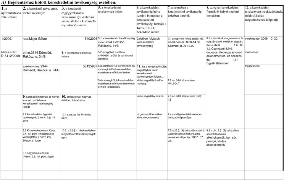 3 Csomagolt kávé, dobozos, illetve palackozott alkoholmentes- és szeszes ital 1.11 Egyéb élelmiszer megkezdése: 2009. 10. 20. 7.3 az üzlet alapterülete (m2): 12 9.1 ügynöki pont ) 10.