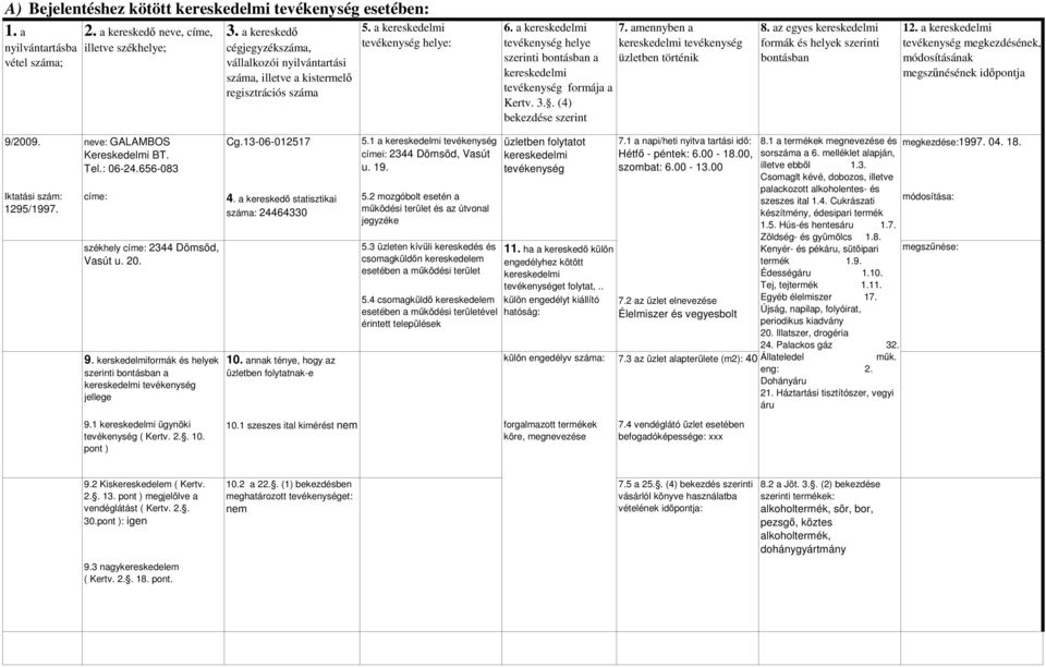 4. Cukrászati készítmény, édesipari termék 1.5. Hús-és hentesáru 1.7. Zöldség- és gyümölcs 1.8. Kenyér- és pékáru, sütıipari termék 1.9. Édességáru 1.10. Tej, tejtermék 1.11. 7.