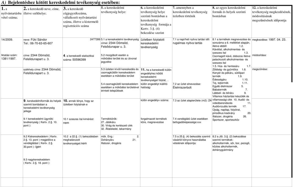 Állateledel, takarmány rugalmas nyitva tartás illetve ebbıl: 1.2. Kávéital, alkoholmentes- és szeszes ital 1.3. Csomagolt kávé, dobozos illetve palackozott alkoholmentes- és szeszes ital 1.5.