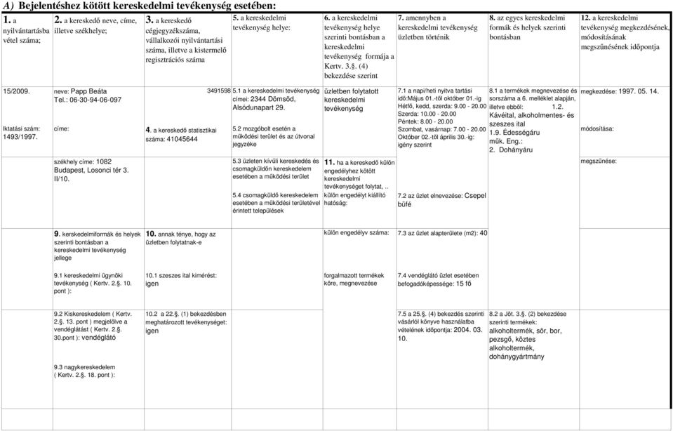 00-20.00 Kávéital, alkoholmentes- és Péntek: 8.00-20.00 szeszes ital Szombat, vasárnap: 7.00-20.00 1.9. Édességáru Október 02.-tıl április 30.-ig: mők. Eng.: igény szerint 2.