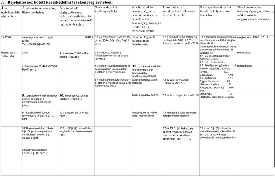 5. Húh- és hentesáru 1.7. Zölsdég- és gyümölcs 1.8. Kenyér- és pékáru, sütıipari termék 1.9. Édességáru 1.10. Tej, Tejtermék 1.11 Egyéb élelmiszer 20. Eldorádó Mini ABC Illatszer, drogéria 32.