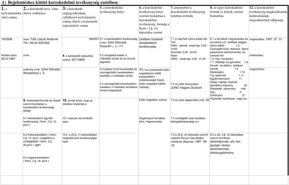 5. Hús- hentesáru 1.7. Zöldség- és gyümölcs 1.8. Kenyér- és pékáru, sütıipari termék 1.9. Édességáru 1.10. Tej, tejtermék 1.11. Egyéb élelmiszer 17. Újság, napilap, folyóirat, periodikus kiadvány 32.