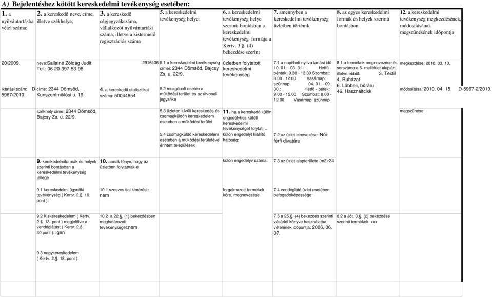 : Hétfı - pétek: 9.00-15.00 Szombat: 8.00-12.00 Vasárnap: szünnap illetve ebbıl: 3. Textil 4. Ruházat 6. Lábbeli, bıráru 46. Használtcikk megkezdése: 2010. 03. 10. 2010. 04. 15.