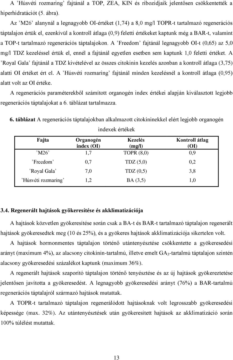 tartalmazó regenerációs táptalajokon. A Freedom fajtánál legnagyobb OI-t (0,65) az 5,0 mg/l TDZ kezeléssel értük el, ennél a fajtánál egyetlen esetben sem kaptunk 1,0 feletti értéket.