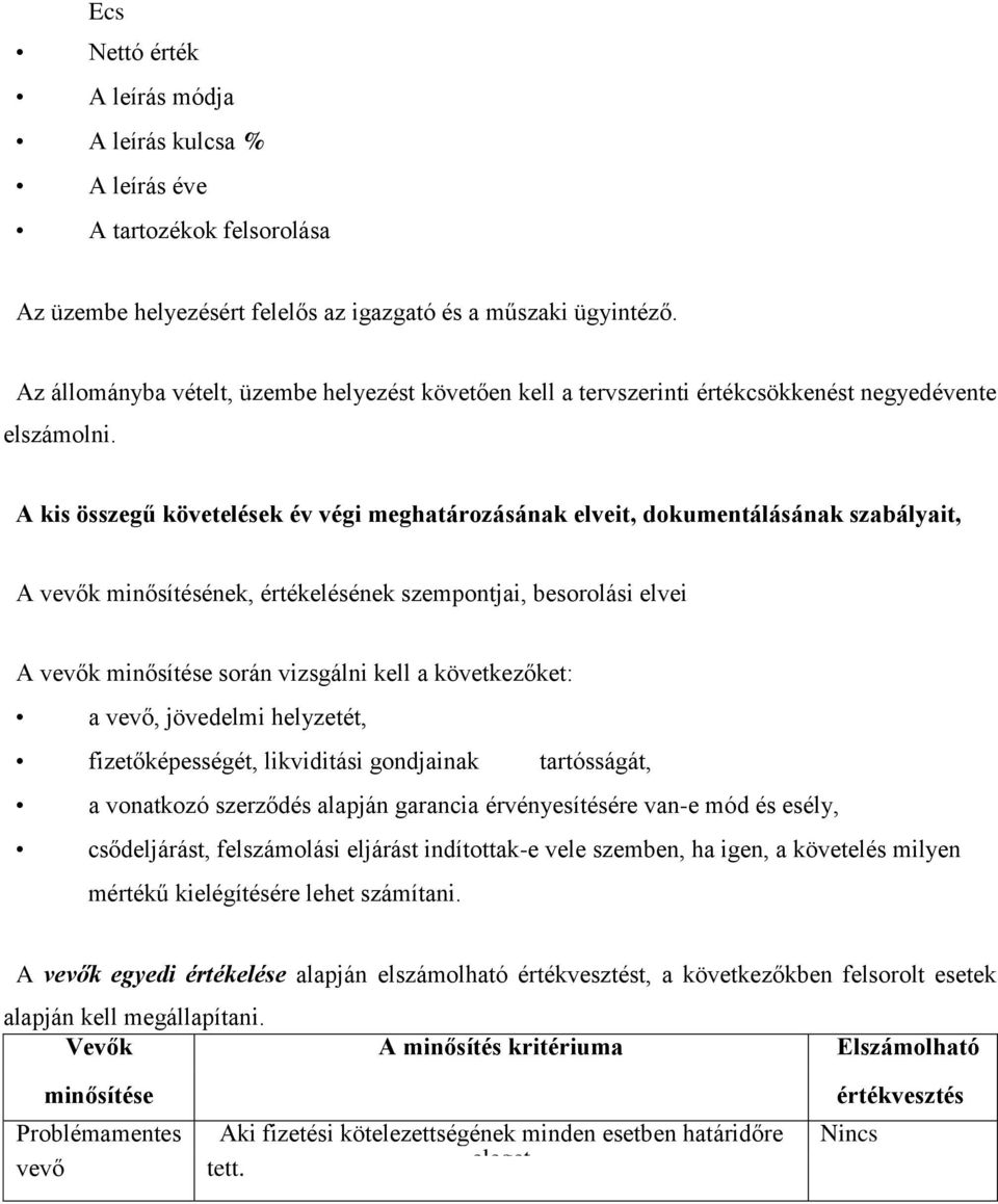 A kis összegű követelések év végi meghatározásának elveit, dokumentálásának szabályait, A vevők minősítésének, értékelésének szempontjai, besorolási elvei A vevők minősítése során vizsgálni kell a