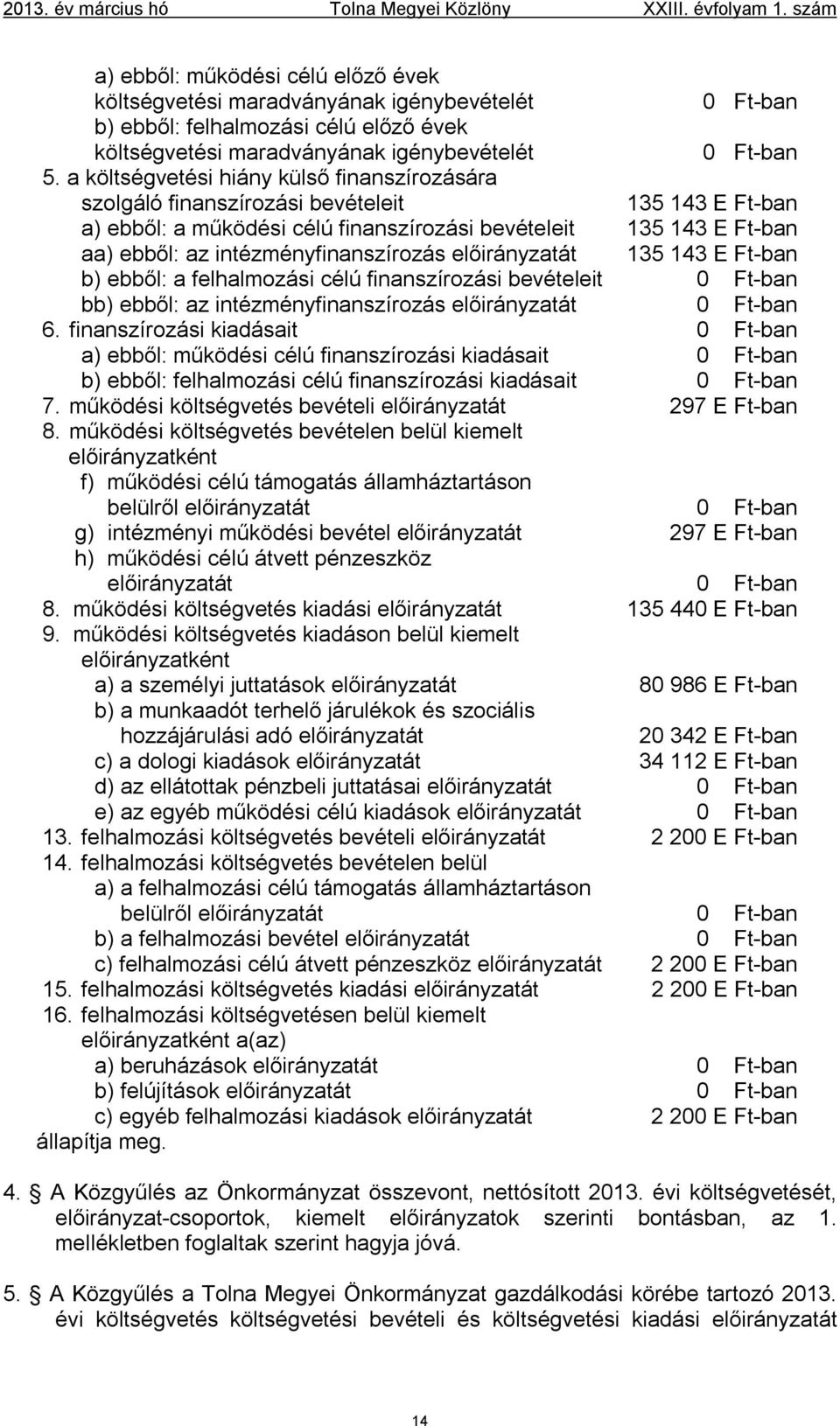 a költségvetési hiány külső finanszírozására szolgáló finanszírozási bevételeit 135 143 E Ft-ban a) ebből: a működési célú finanszírozási bevételeit 135 143 E Ft-ban aa) ebből: az