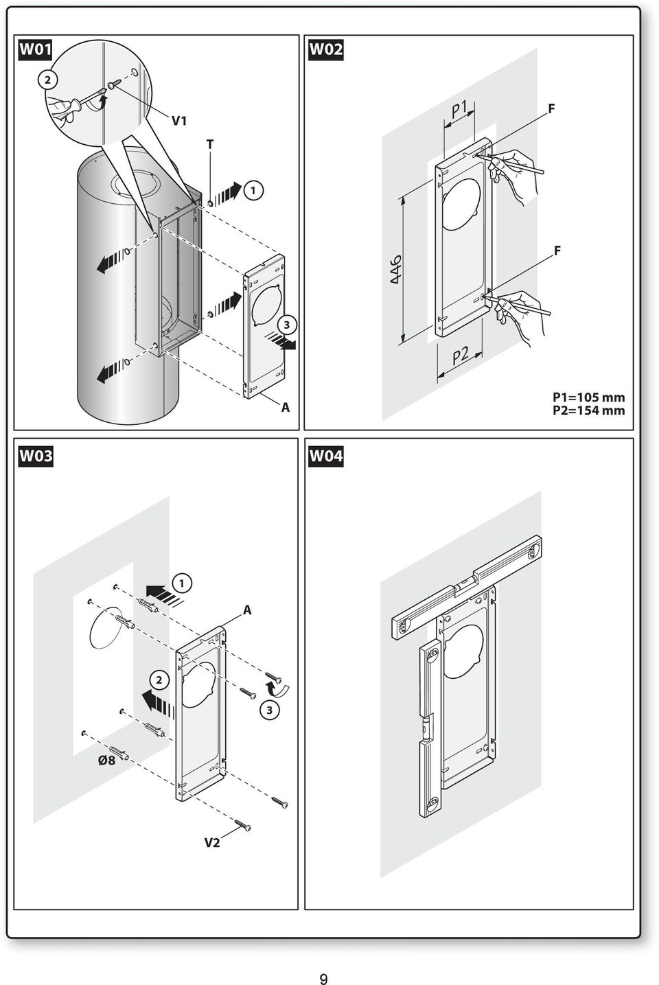 P1=105 mm P2=154 mm