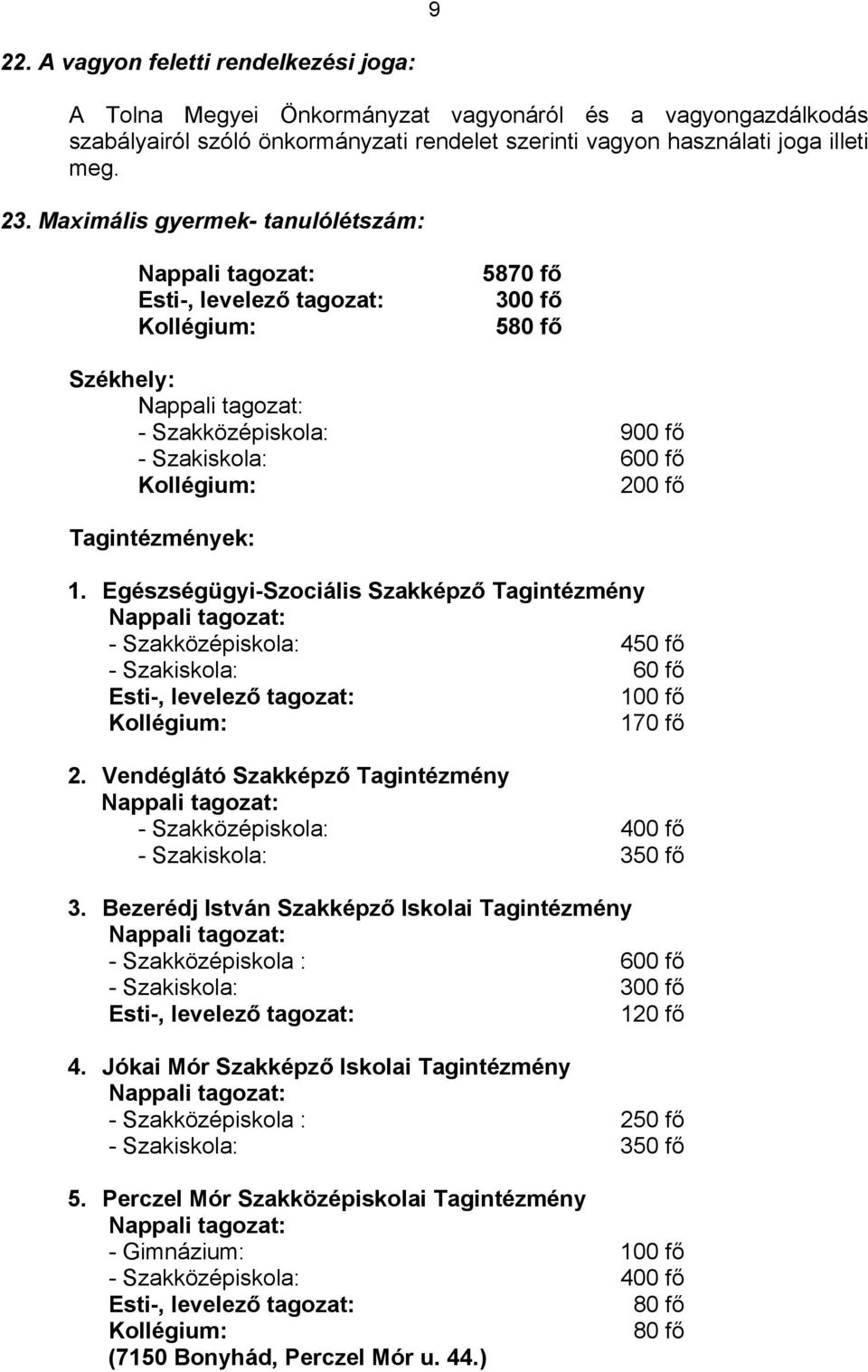 Egészségügyi-Szociális Szakképző Tagintézmény - Szakközépiskola: 450 fő - Szakiskola: 60 fő Esti-, levelező tagozat: 100 fő Kollégium: 170 fő 2.