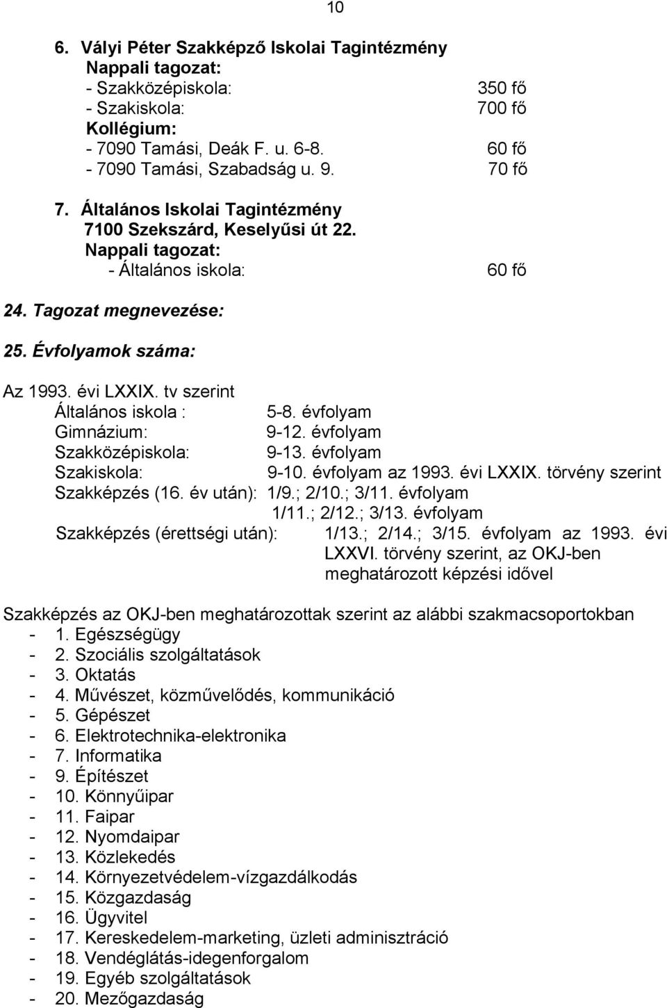 évfolyam Gimnázium: 9-12. évfolyam Szakközépiskola: 9-13. évfolyam Szakiskola: 9-10. évfolyam az 1993. évi LXXIX. törvény szerint Szakképzés (16. év után): 1/9.; 2/10.; 3/11. évfolyam 1/11.; 2/12.