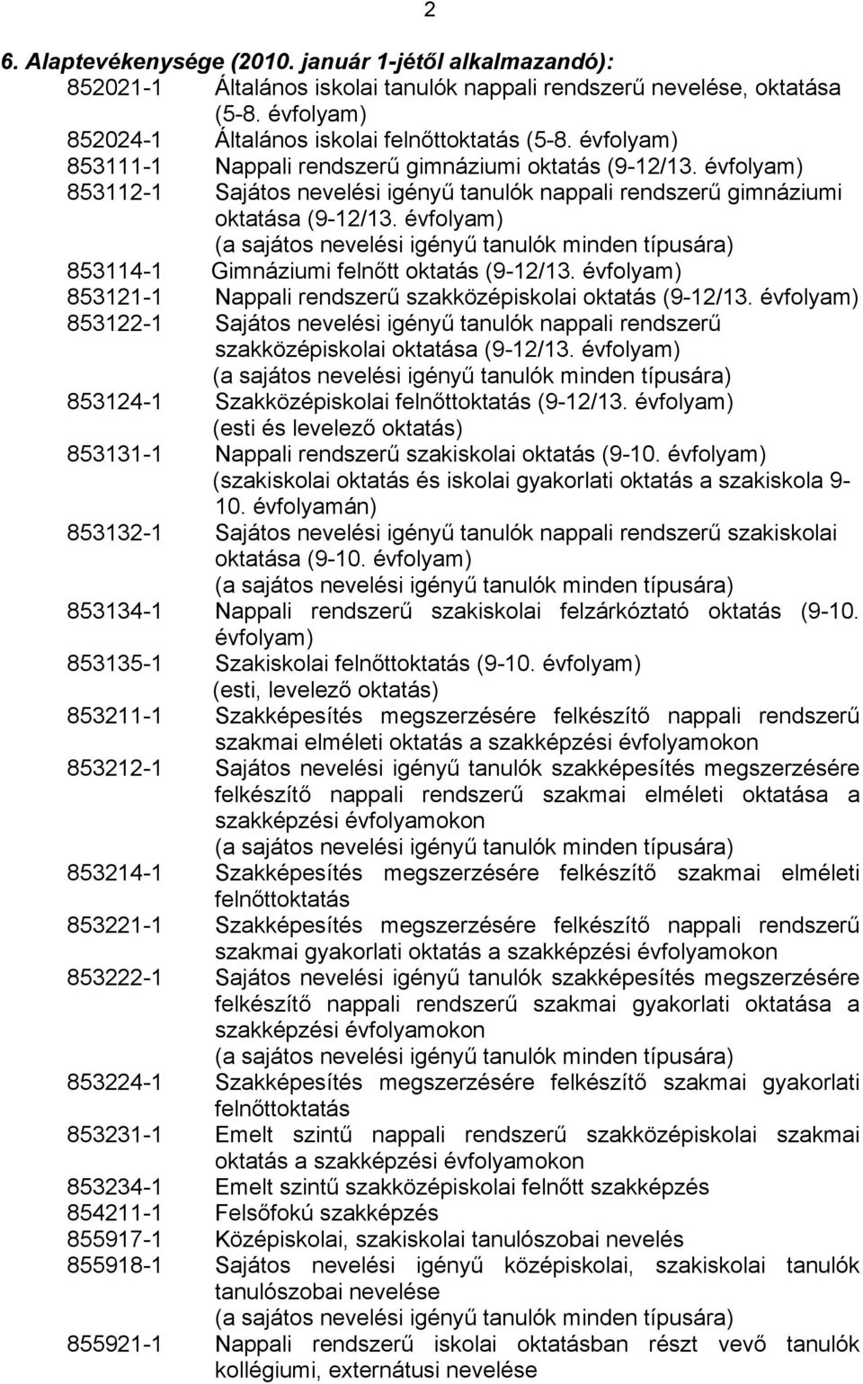 évfolyam) (a sajátos nevelési igényű tanulók minden típusára) 853114-1 Gimnáziumi felnőtt oktatás (9-12/13. évfolyam) 853121-1 Nappali rendszerű szakközépiskolai oktatás (9-12/13.