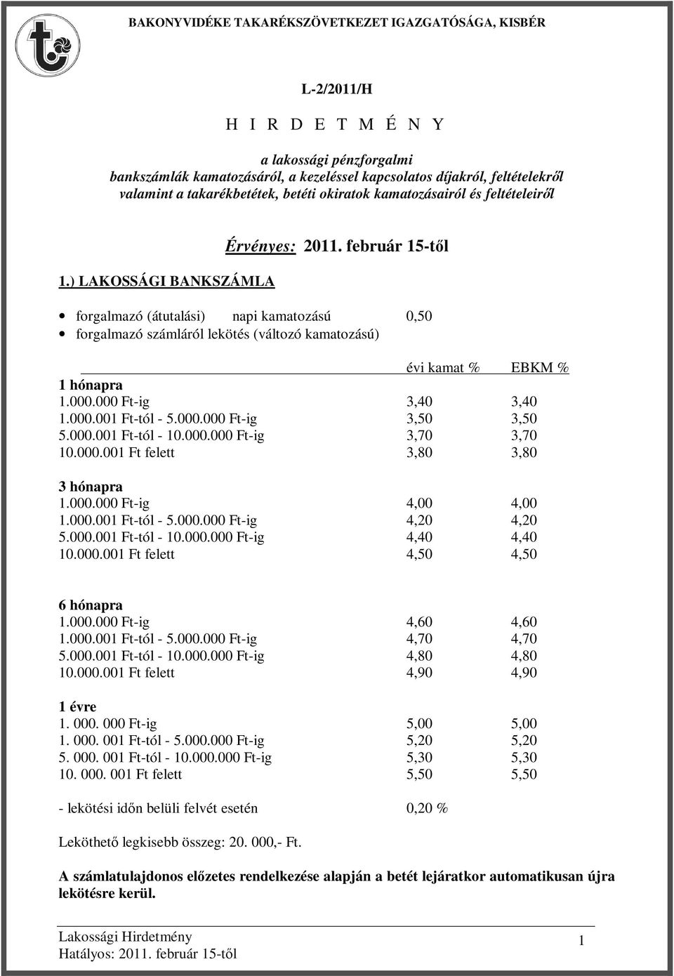 000 Ft-ig 3,40 3,40 1.000.001 Ft-tól - 5.000.000 Ft-ig 3,50 3,50 5.000.001 Ft-tól - 10.000.000 Ft-ig 3,70 3,70 10.000.001 Ft felett 3,80 3,80 3 hónapra 1.000.000 Ft-ig 4,00 4,00 1.000.001 Ft-tól - 5.000.000 Ft-ig 4,20 4,20 5.