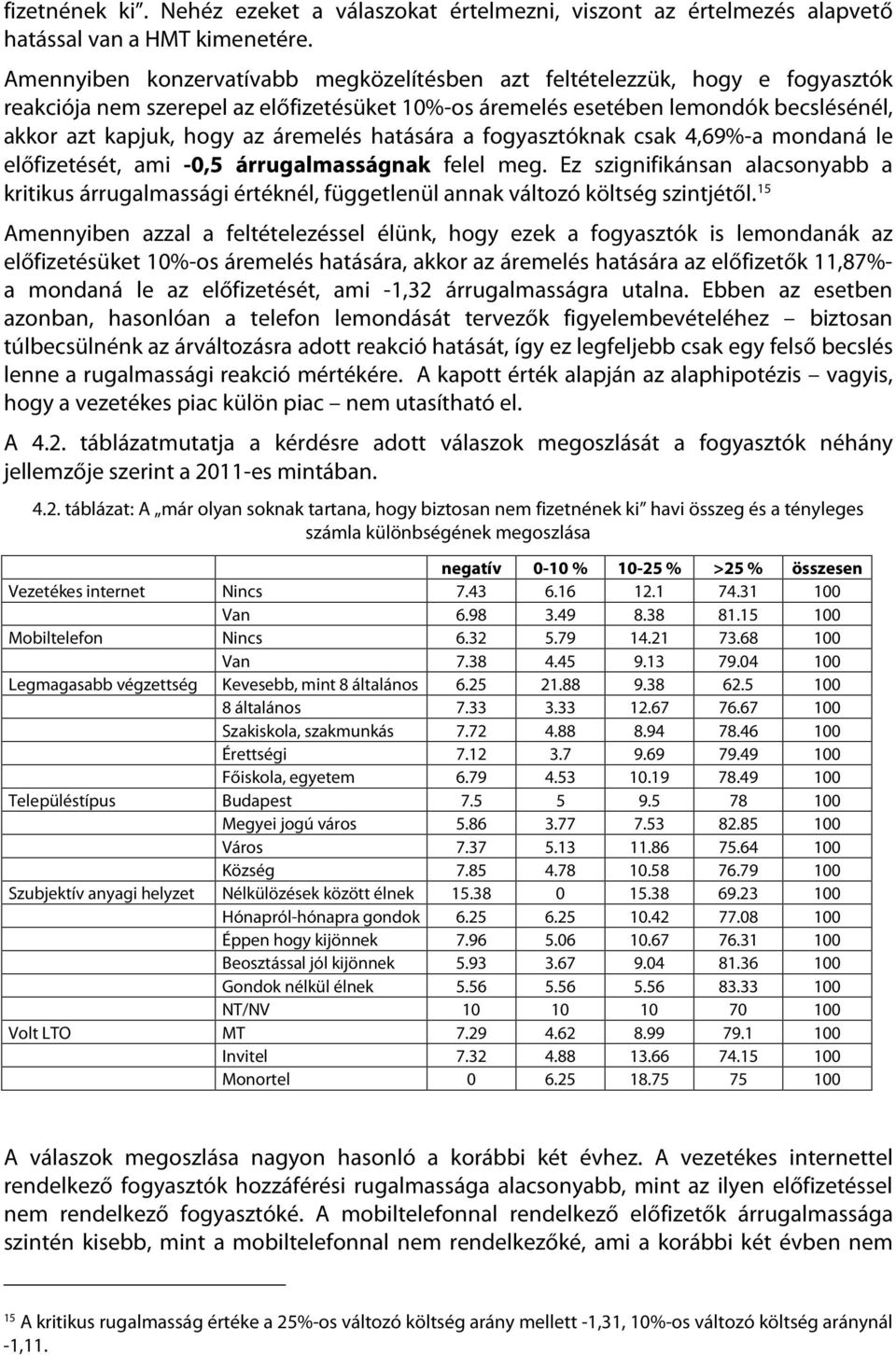 áremelés hatására a fogyasztóknak csak 4,69%-a mondaná le előfizetését, ami -0,5 árrugalmasságnak felel meg.