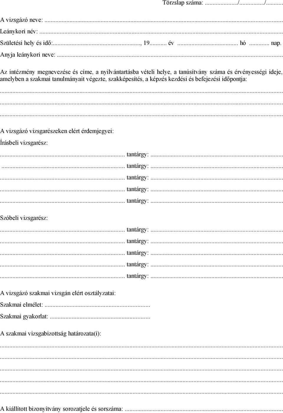 befejezési időpontja: A vizsgázó vizsgarészeken elért érdemjegyei: Írásbeli vizsgarész:... tantárgy:...... tantárgy:...... tantárgy:...... tantárgy:...... tantárgy:... Szóbeli vizsgarész:.