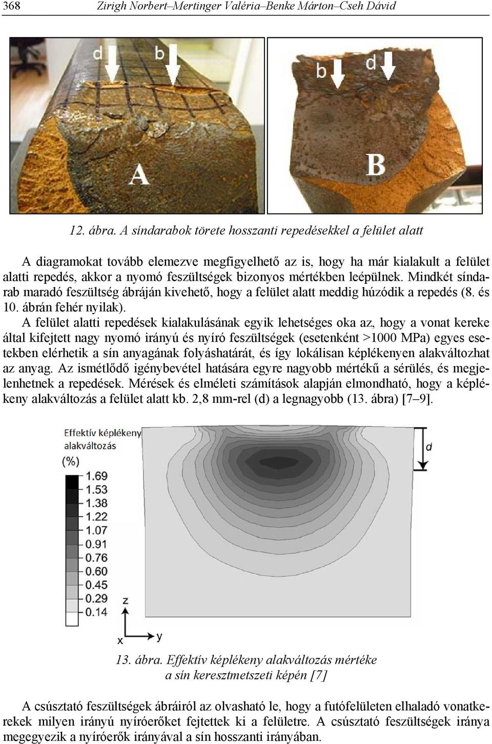 mértékben leépülnek. Mindkét síndarab maradó feszültség ábráján kivehető, hogy a felület alatt meddig húzódik a repedés (8. és 10. ábrán fehér nyilak).