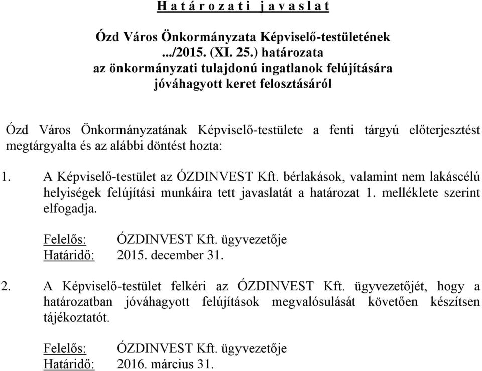 alábbi döntést hozta: 1. A Képviselő-testület az ÓZDINVEST Kft. bérlakások, valamint nem lakáscélú helyiségek felújítási munkáira tett javaslatát a határozat 1. melléklete szerint elfogadja.