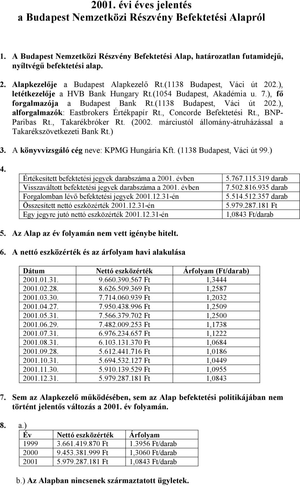 (1138 Budapest, Váci út 202.), alforgalmazók: Eastbrokers Értékpapír Rt., Concorde Befektetési Rt., BNP- Paribas Rt., Takarékbróker Rt. (2002.