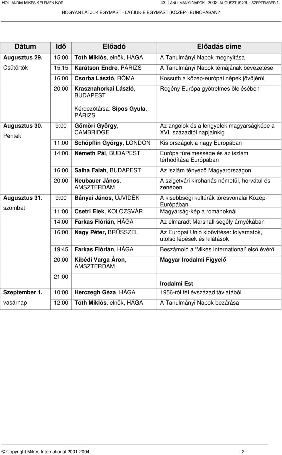 jövjérl 20:00 Krasznahorkai László, BUDAPEST Regény Európa gyötrelmes ölelésében Augusztus 30. Péntek Augusztus 31. szombat Szeptember 1.