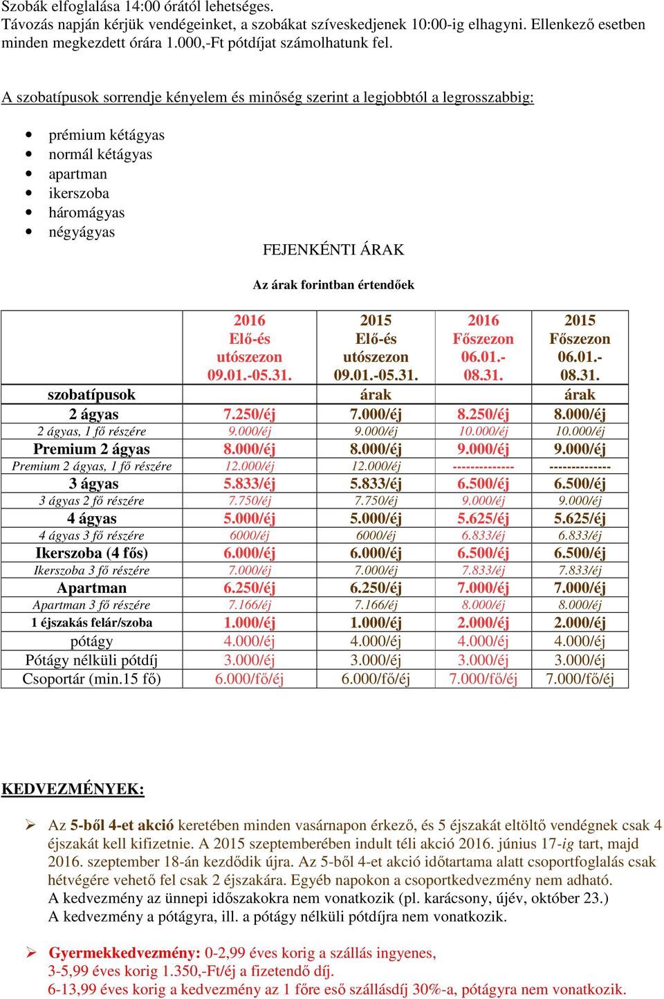 A szobatípusok sorrendje kényelem és minőség szerint a legjobbtól a legrosszabbig: prémium kétágyas normál kétágyas apartman ikerszoba háromágyas négyágyas FEJENKÉNTI ÁRAK 2016 Elő-és utószezon 09.01.-05.