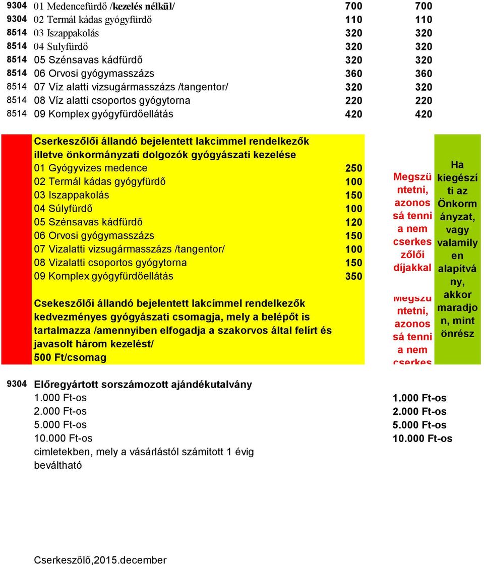 bejelentett lakcimmel rendelkezők illetve önkormányzati dolgozók gyógyászati kezelése 01 Gyógyvizes medence 250 02 Termál kádas gyógyfürdő 100 03 Iszappakolás 150 04 Súlyfürdő 100 05 Szénsavas