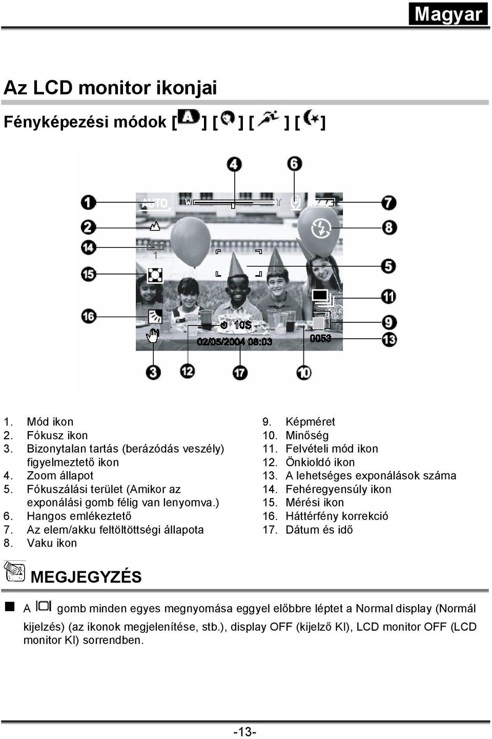 Felvételi mód ikon 12. Önkioldó ikon 13. A lehetséges exponálások száma 14. Fehéregyensúly ikon 15. Mérési ikon 16. Háttérfény korrekció 17.