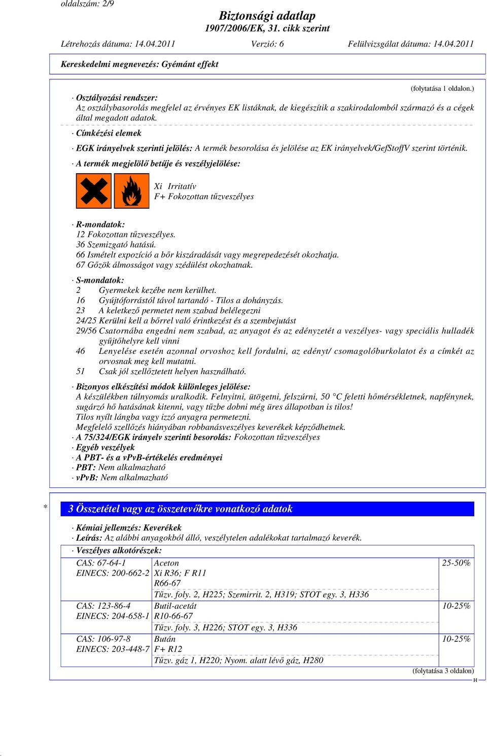 A termék megjelölő betűje és veszélyjelölése: Xi Irritatív F+ Fokozottan tűzveszélyes R-mondatok: 12 Fokozottan tűzveszélyes. 36 Szemizgató hatású.