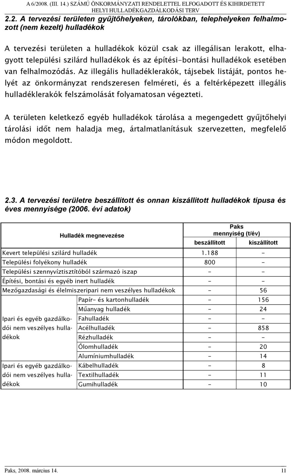 Az illegális hulladéklerakók, tájsebek listáját, pontos helyét az önkormányzat rendszeresen felméreti, és a feltérképezett illegális hulladéklerakók felszámolását folyamatosan végezteti.