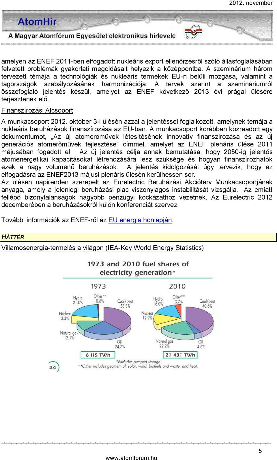 A tervek szerint a szemináriumról összefoglaló jelentés készül, amelyet az ENEF következő 2013 évi prágai ülésére terjesztenek elő. Finanszírozási Alcsoport A munkacsoport 2012.