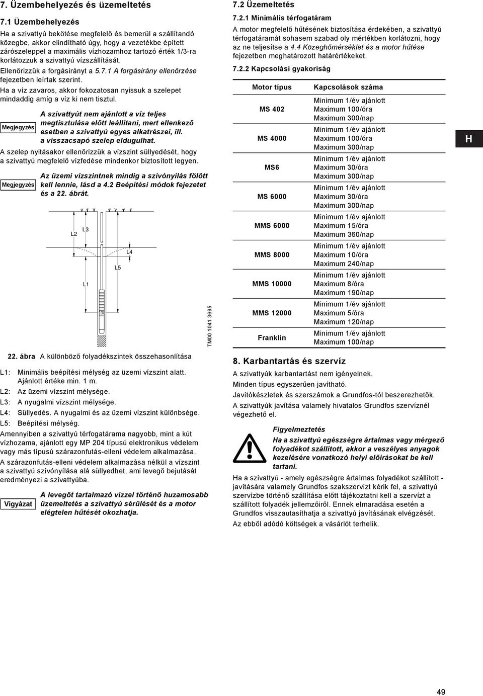 korlátozzuk a szivattyú vízszállítását. Ellenőrizzük a forgásirányt a 5.7.1 A forgásirány ellenőrzése fejezetben leírtak szerint.