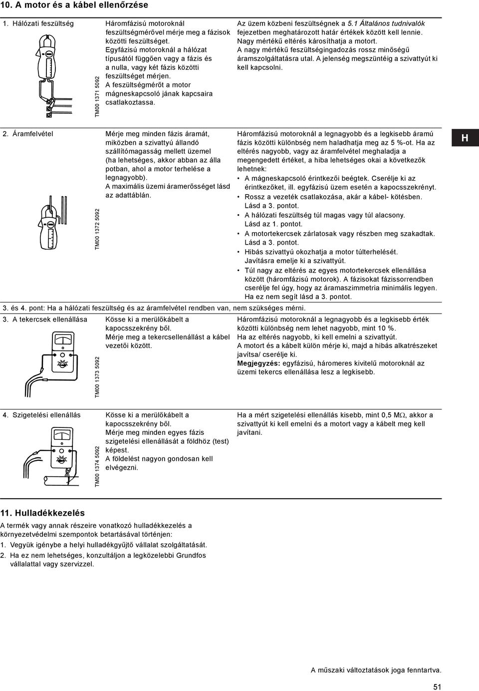 TM00 1371 5092 Az üzem közbeni feszültségnek a 5.1 Általános tudnivalók fejezetben meghatározott határ értékek között kell lennie. Nagy mértékű eltérés károsíthatja a motort.