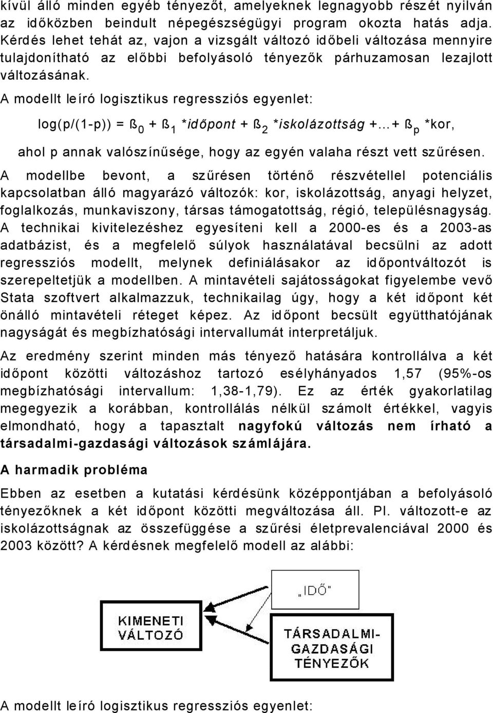 A modellt leürñ logisztikus regressziñs egyenlet: log(p/(p)) = ç 0 + ç *időpont + ç *iskolåzottsåg + + ç p *kor, ahol p annak valñszünűsäge, hogy az egyän valaha räszt vett szűräsen.