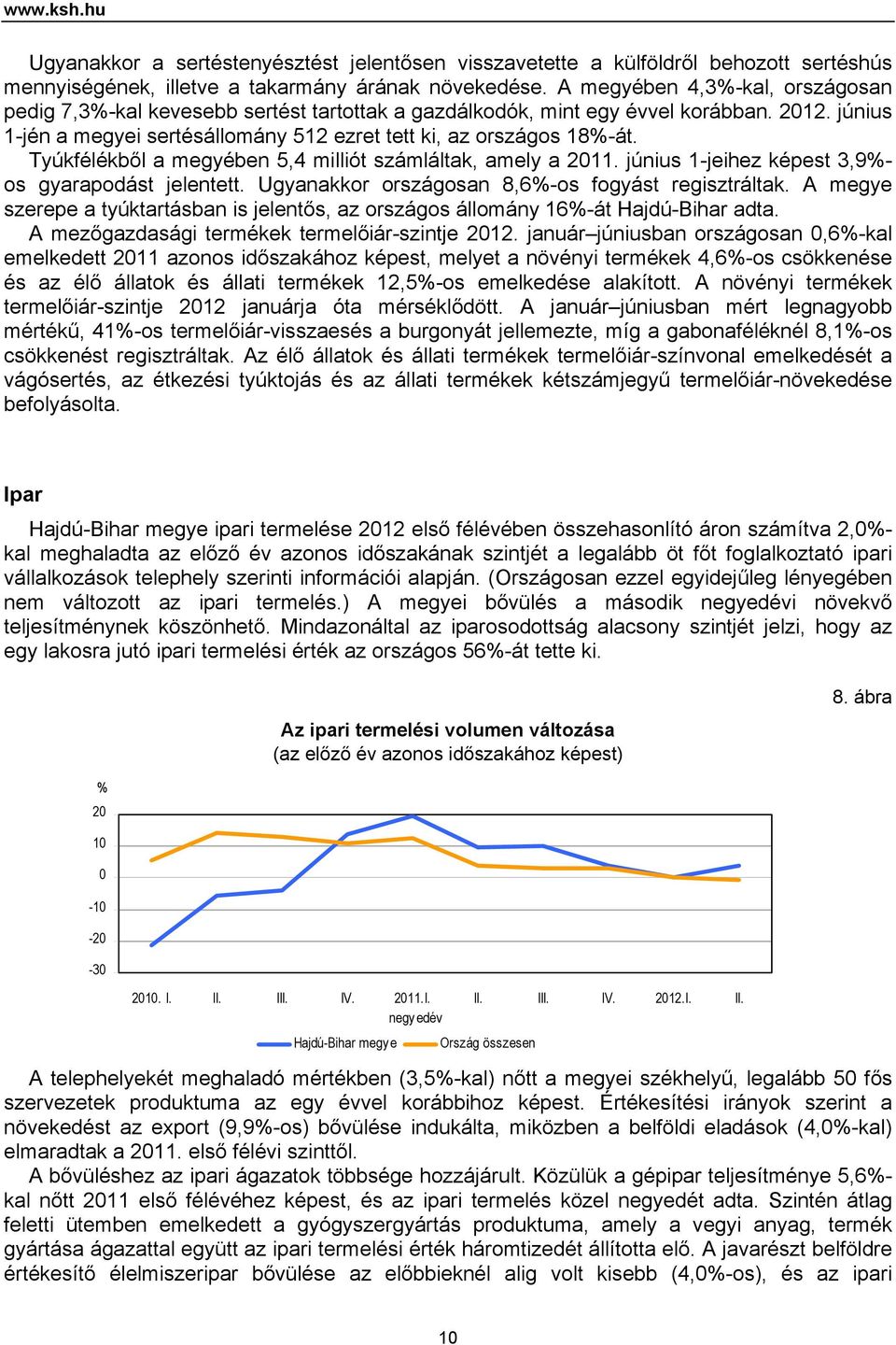 Tyúkfélékből a megyében 5,4 milliót számláltak, amely a 2011. június 1-jeihez képest 3,9%- os gyarapodást jelentett. Ugyanakkor országosan 8,6%-os fogyást regisztráltak.