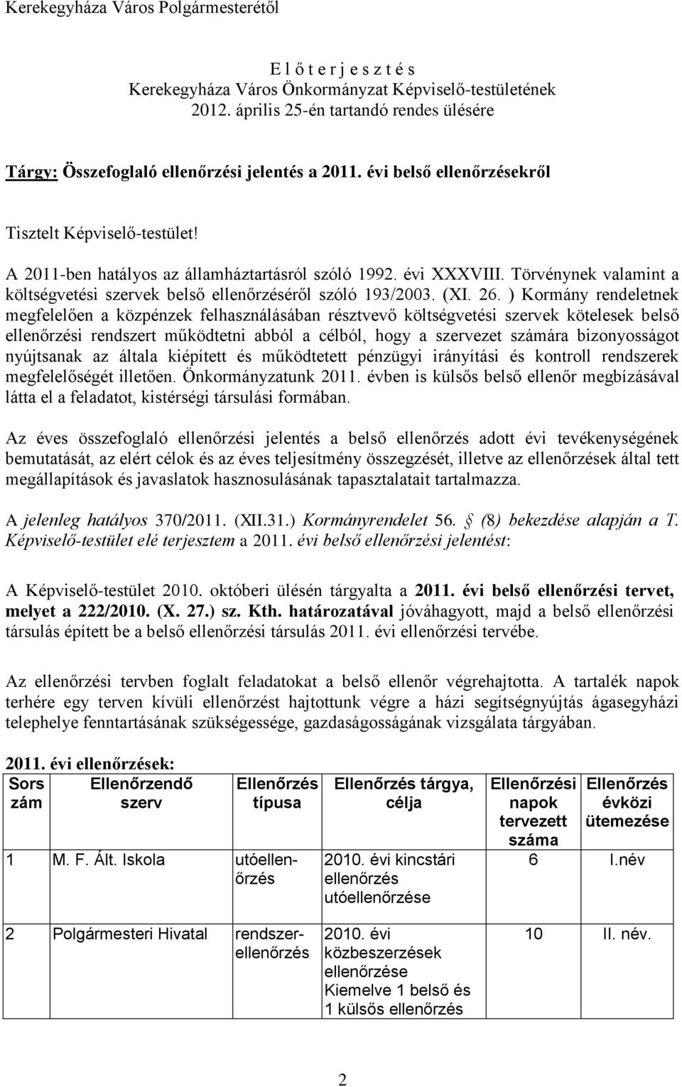 évi XXXVIII. Törvénynek valamint a költségvetési szervek belső ellenőrzéséről szóló 193/2003. (XI. 26.