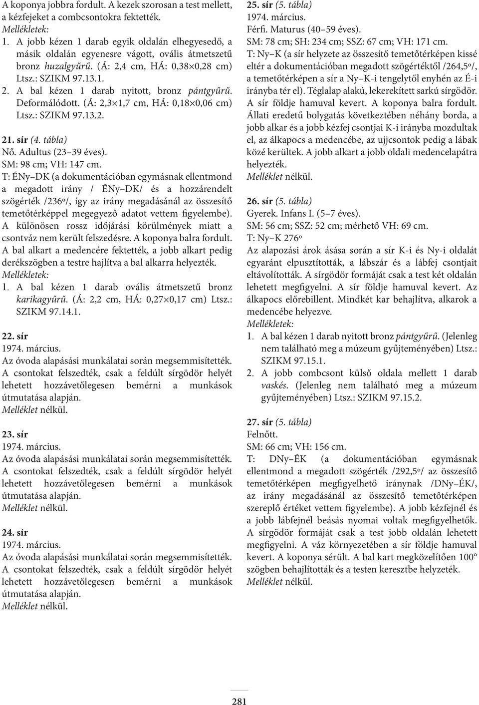 Deformálódott. (Á: 2,3 1,7 cm, HÁ: 0,18 0,06 cm) Ltsz.: SZIKM 97.13.2. 21. sír (4. tábla) Nő. Adultus (23 39 éves). SM: 98 cm; VH: 147 cm.