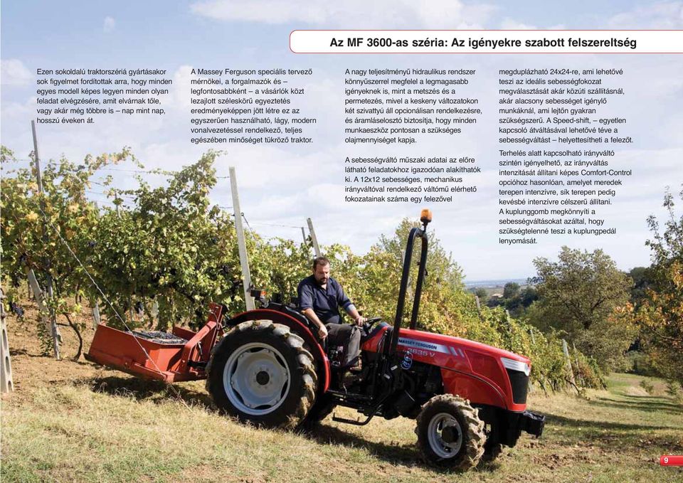 A Massey Ferguson speciális tervező mérnökei, a forgalmazók és legfontosabbként a vásárlók közt lezajlott széleskörű egyeztetés eredményeképpen jött létre ez az egyszerűen használható, lágy, modern