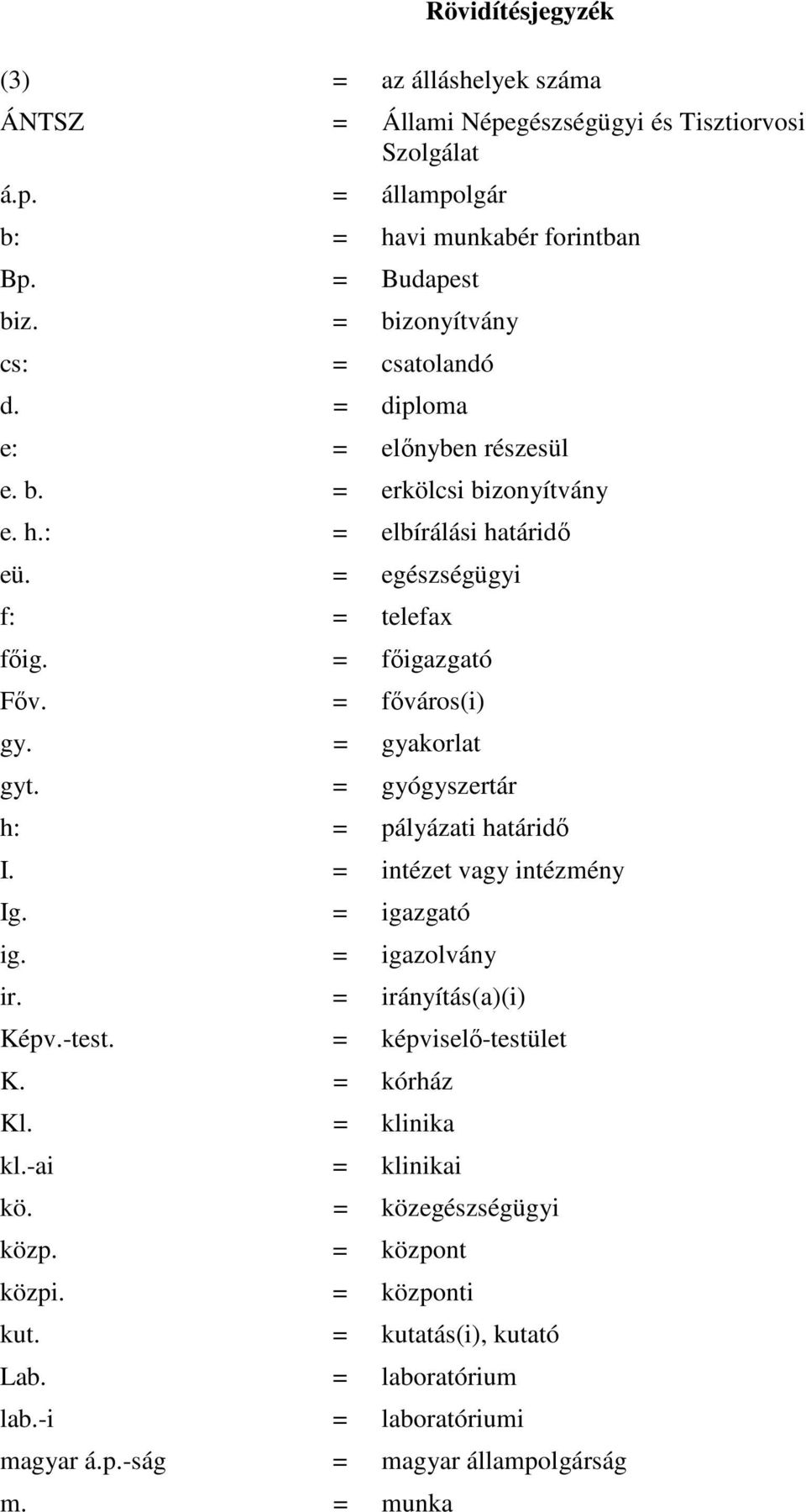 = fıváros(i) gy. = gyakorlat gyt. = gyógyszertár h: = pályázati határidı I. = intézet vagy intézmény Ig. = igazgató ig. = igazolvány ir. = irányítás(a)(i) Képv.-test. = képviselı-testület K.