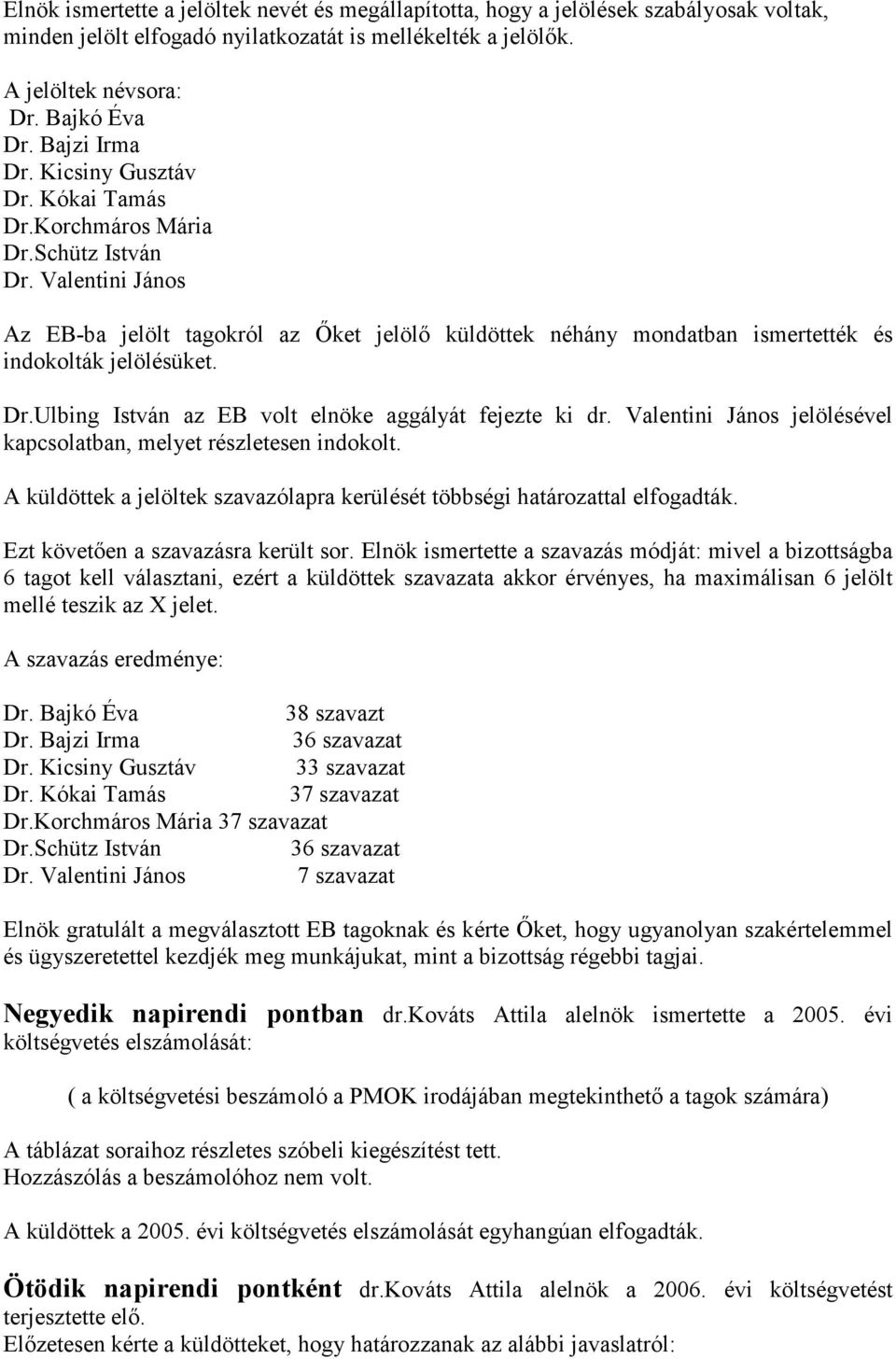 Valentini János Az EB-ba jelölt tagokról az İket jelölı küldöttek néhány mondatban ismertették és indokolták jelölésüket. Dr.Ulbing István az EB volt elnöke aggályát fejezte ki dr.