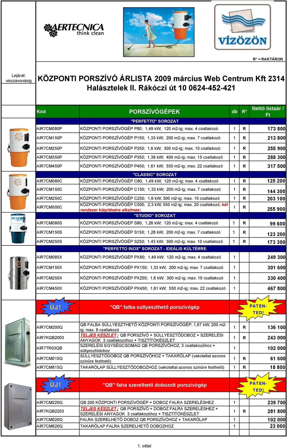 4 csatlakozó 1 R 173 800 AIR7CM150P KÖZPONTI PORSZÍVÓGÉP P150; 1,33 kw; 200 m2-ig; max. 7 csatlakozó 1 R 213 800 AIR7CM250P KÖZPONTI PORSZÍVÓGÉP P250; 1,6 kw; 300 m2-ig; max.