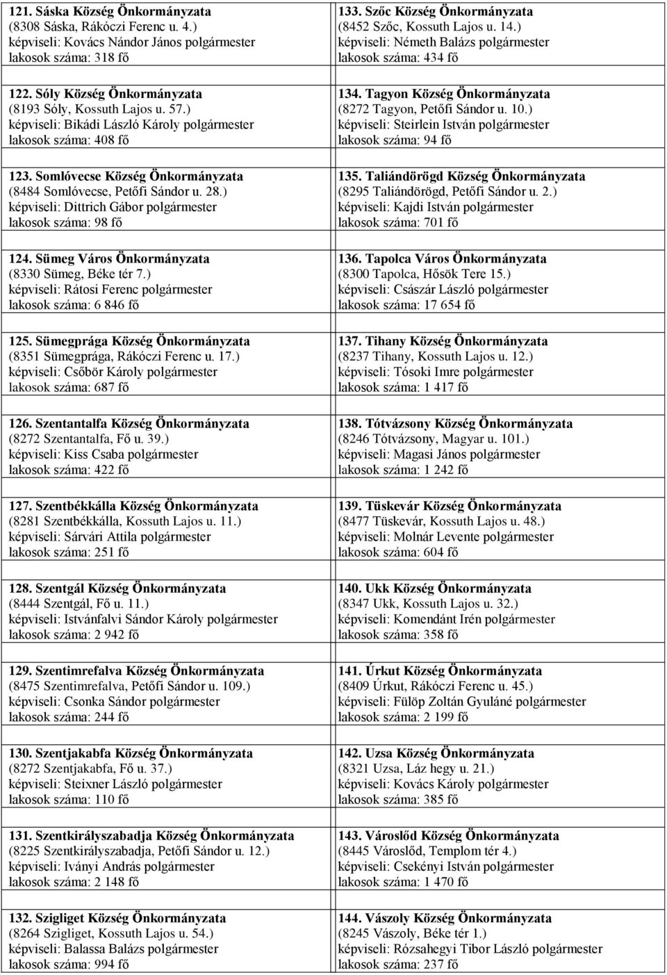 ) képviseli: Dittrich Gábor polgármester lakosok száma: 98 fő 124. Sümeg Város Önkormányzata (8330 Sümeg, Béke tér 7.) képviseli: Rátosi Ferenc polgármester lakosok száma: 6 846 fő 125.