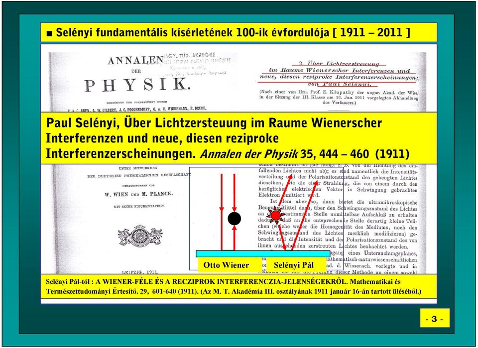 Annalen der Physik 35, 444 460 (1911) Otto Wiener Selényi Pál Selényi Pál-tól : A WIENER-FÉLE ÉS A RECZIPROK