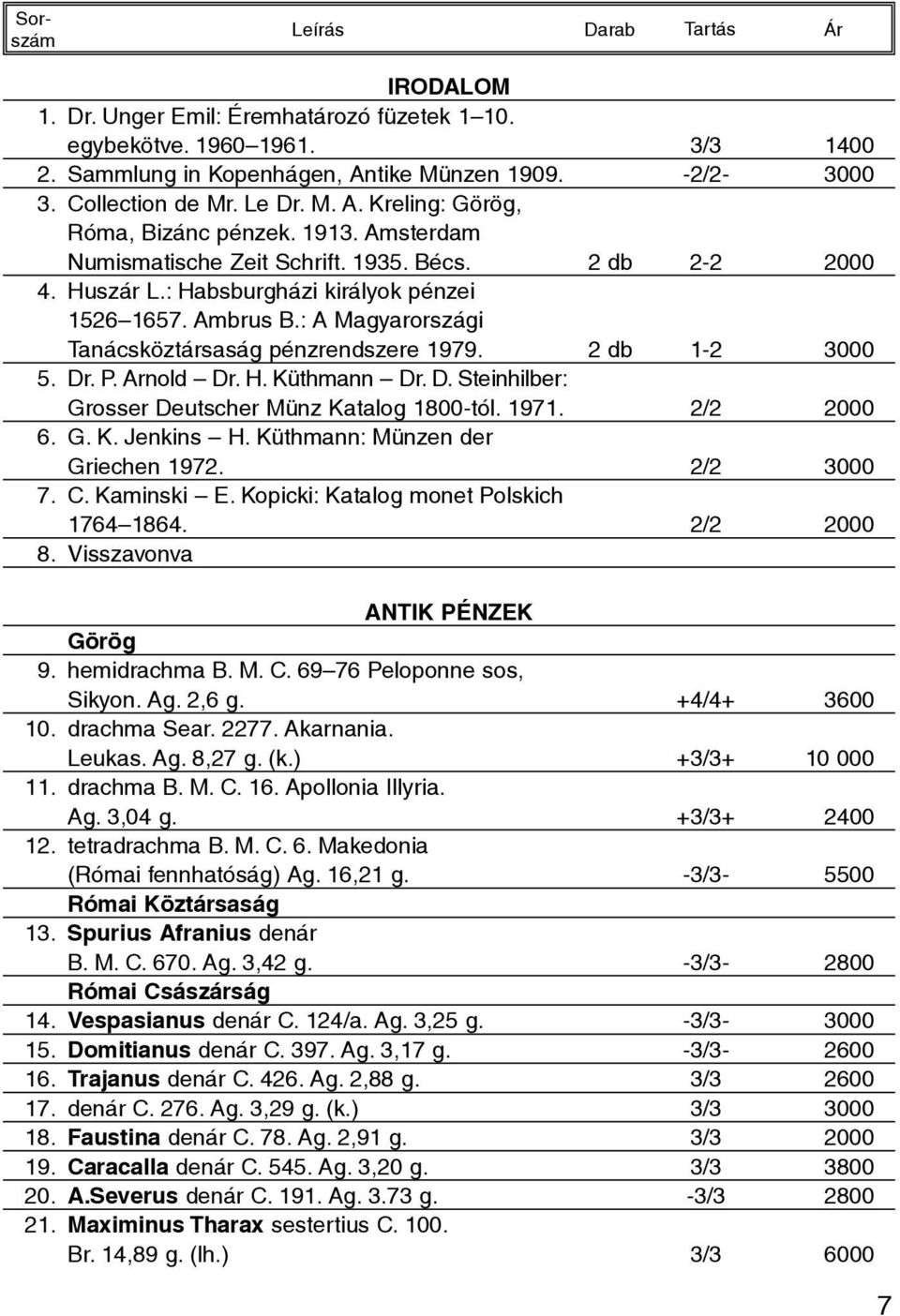 2 db 1-2 3000 5. Dr. P. Arnold Dr. H. Küthmann Dr. D. Steinhilber: Grosser Deutscher Münz Katalog 1800-tól. 1971. 2/2 2000 6. G. K. Jenkins H. Küthmann: Münzen der Griechen 1972. 2/2 3000 7. C.