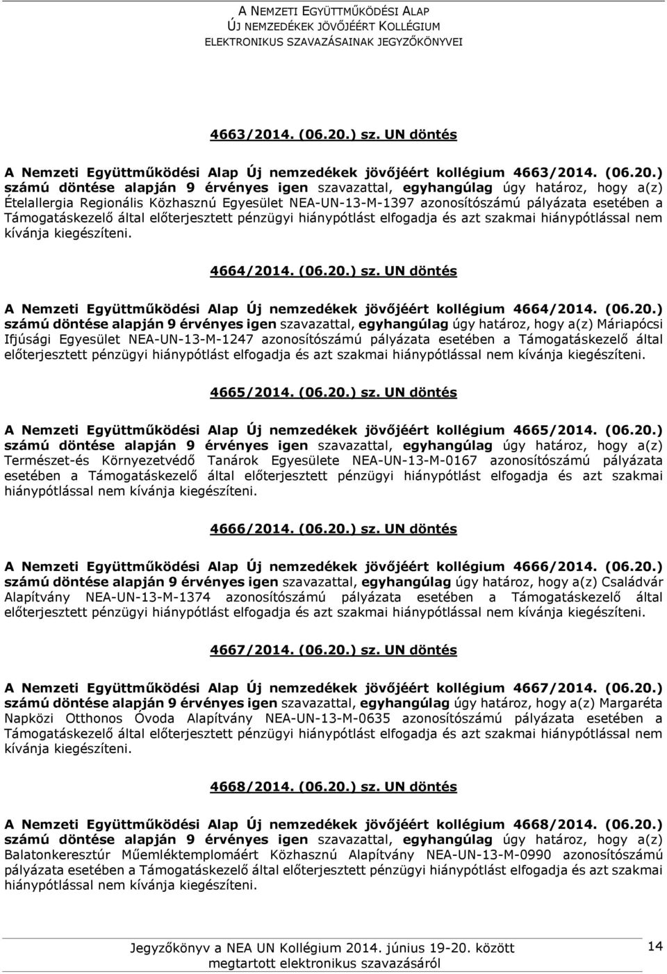 ) sz. UN döntés A Nemzeti Együttműködési Alap Új nemzedékek jövőjéért kollégium 4664/2014.