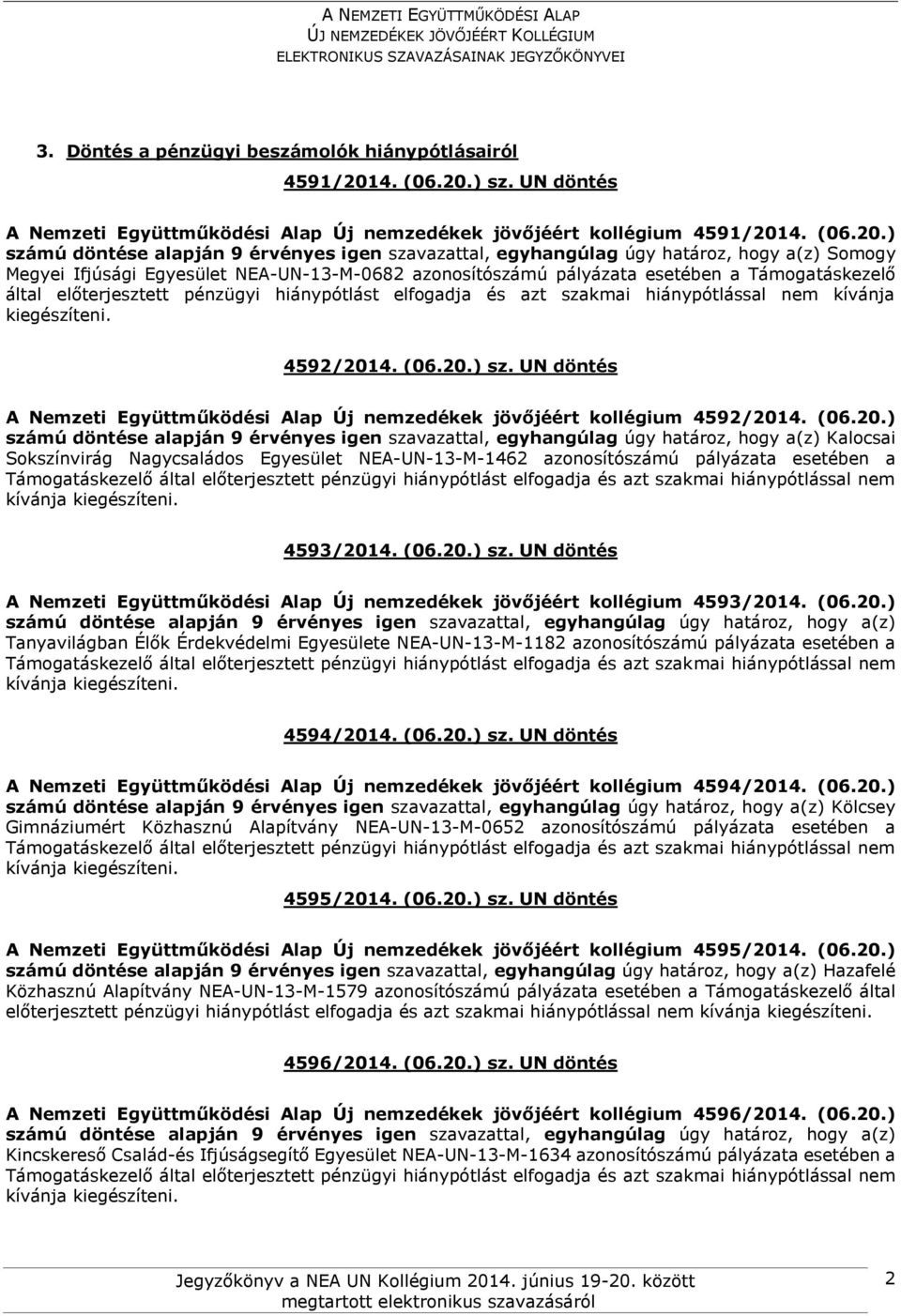 (06.20.) sz. UN döntés A Nemzeti Együttműködési Alap Új nemzedékek jövőjéért kollégium 4593/2014. (06.20.) Tanyavilágban Élők Érdekvédelmi Egyesülete NEA-UN-13-M-1182 azonosítószámú pályázata esetében a 4594/2014.